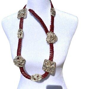 Vintage Deep Red Braided Genuine Leather Belt With Silver-Tone 3D Cherub Design